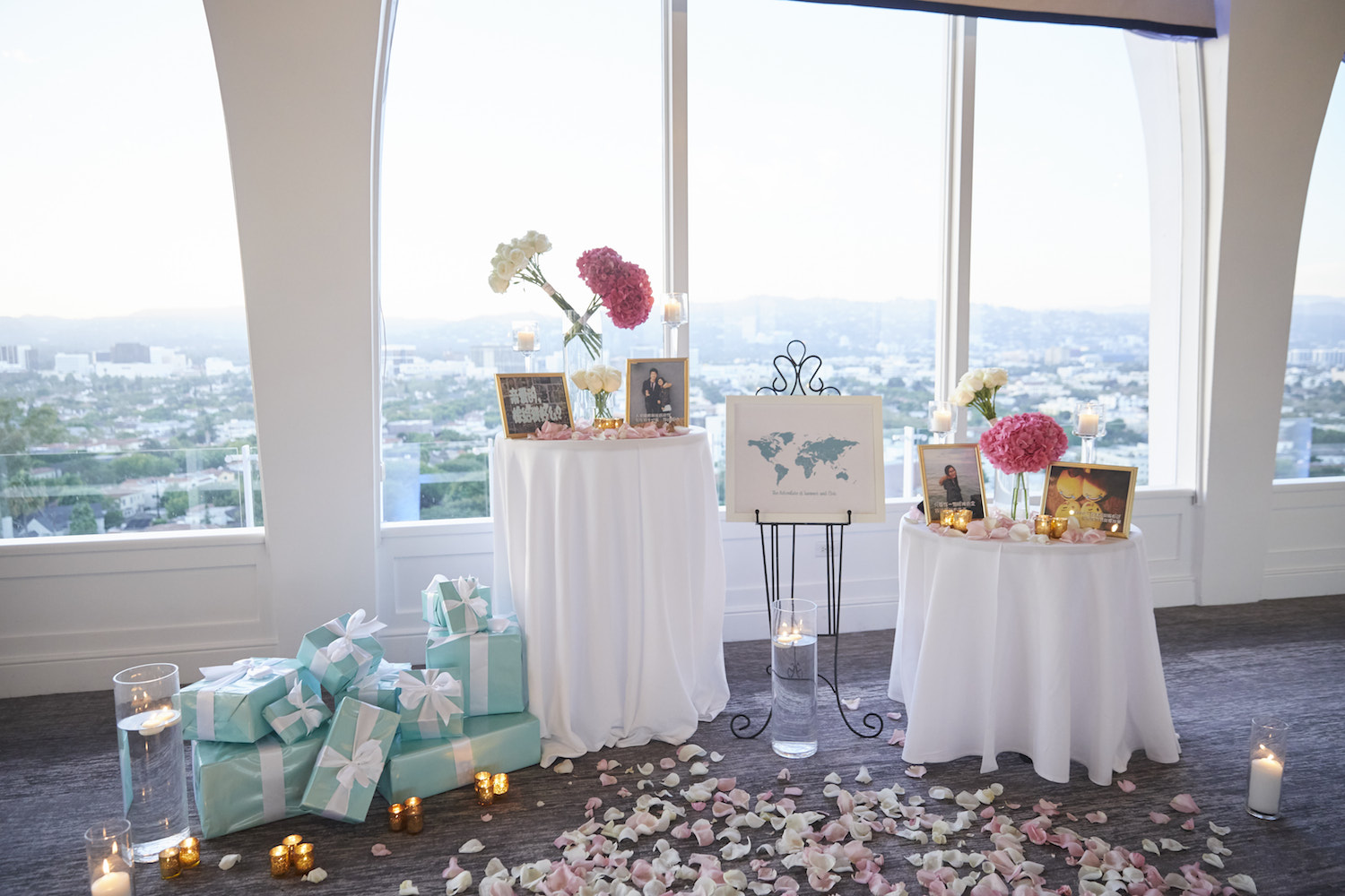 Beautiful proposal setup with flowers and map