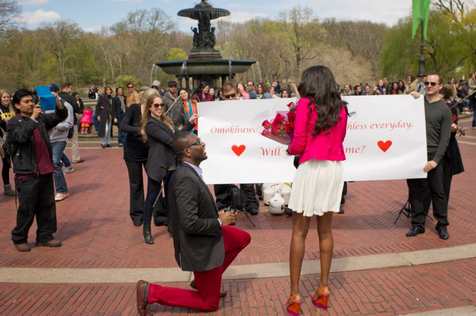 central park proposal banner at bethesda fountain