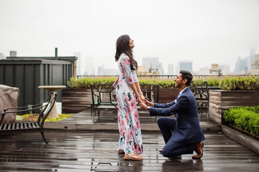 New York rooftop proposal in the rain